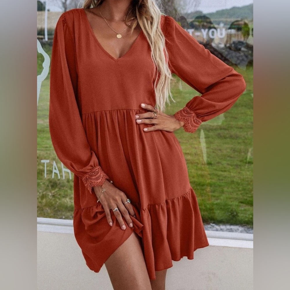 SHEIN VCAY Solid Ruffle Hem Contrast Lace V Neck Dress